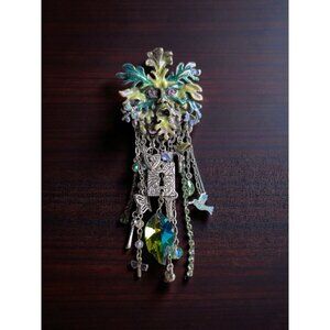 Kirk’s Folly Green Man Enamel & Crystal Dangle Brooch –4.6” Woodland Keyhole Cha